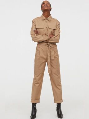 H&M Utility Khaki One Piece Jumpsuit Womens US Size 6 Long Sleeve Belted Pockets